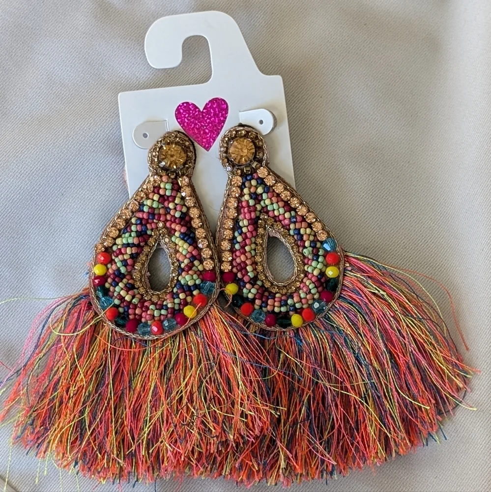 Exotic Multi Color Rhinestone Fringe Earrings - Picture 1 of 6